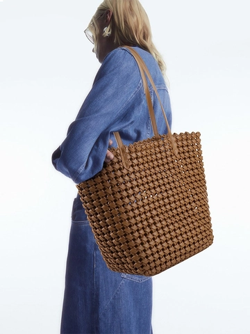 Retro Handmade Woven Synthetic Leather Tote Large Capacity Hollow Out Shoulder Bag With Inner Pouch Women Vacation