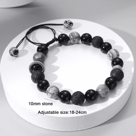 Natural Lava Stone Map Stone Snowflake Stone Beaded Bracelet Adjustable Braided Rope Vintage Handmade Jewelry Unisex