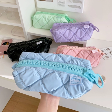 Large Capacity Quilted Pencil Case Soft Nylon Makeup Bag Candy Color Big Zipper Storage Pouch Stationery Organizer