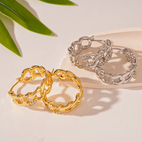 Hollow Chain Hoop Earrings With Zircon Inlay Geometric Design Copper Jewelry With Stainless Steel Earring Post For Women