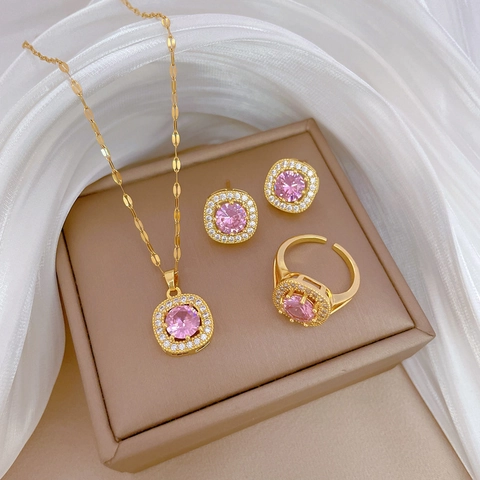 Luxury Stainless Steel Jewelry Set For Women Gold Plated Pink Rhinestone Square Pendant Necklace Stud Earrings And Open Ring Set