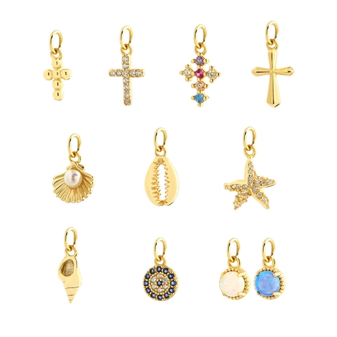 925 Sterling Silver Charms Pendants With Zircon Synthetic Opal For DIY Jewelry Making Cross Ocean Shell Starfish Evil Eye