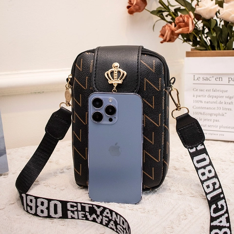 Bolso Bandolera Para Teléfono De Mujer En Cuero PU Con Estampado Monograma Decoración Corona Dorada Flecos Y Correa Ancha