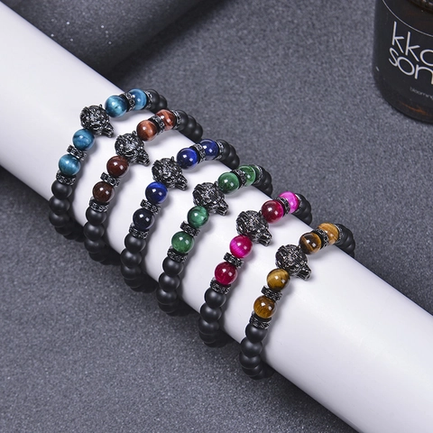 Men Wolf Head Beaded Bracelet Natural Tiger Eye Stone Matte Black Agate Copper Zircon Elastic Fashionable Jewelry