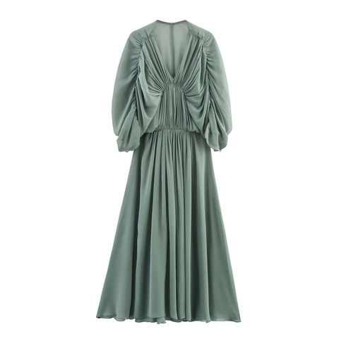 Vestito Lungo Elegante In Chiffon Con Scollo A V E Maniche A Pipistrello Vita Alta Arricciata Stile Francese Romantico
