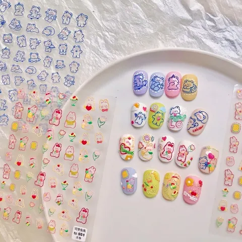 5D Embossed Nail Art Stickers 3D Relief Klein Blue Bear Rabbit Tulip Design Self Adhesive DIY Manicure Decoration