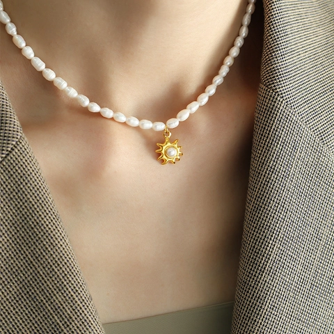 Zoetwaterparelketting Gouden Zonnehanger Titaniumstaal Franse Vintage Barokke Sieraden Voor Dames