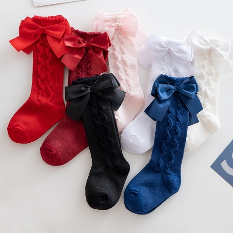 Baby Girls Knee High Socks Cotton Cable Knit With Double Satin Bowknot Princess Lolita Style Toddler Birthday