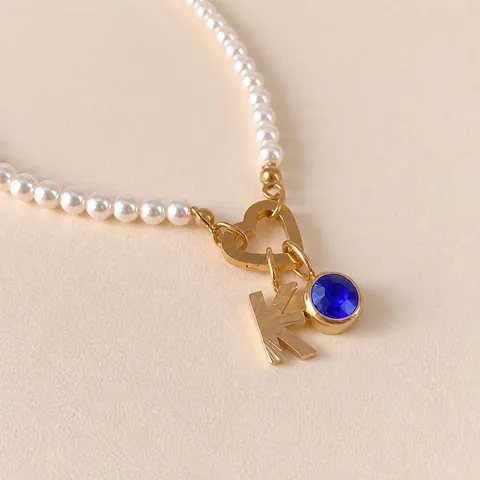 Collier en Acier Inoxydable Perle Artificielle Pendentif Alphabet pour Femmes Fermoir Cœur Strass Bleu Lettre Sculptée Bijoux DIY