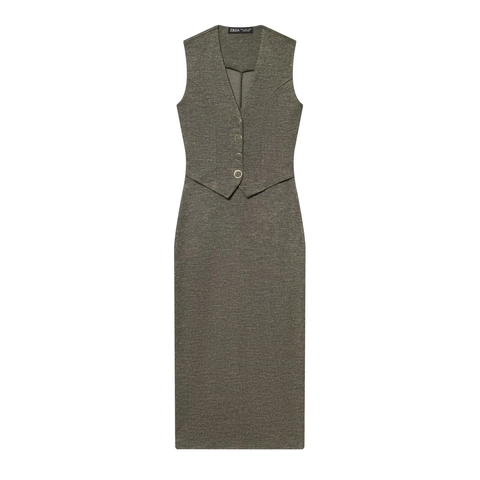 Vestito Midi In Maglia Donna Senza Maniche Scollo A V Bodycon Vestibilità Aderente Tinta Unita Stile Gilet Monopetto Bottoni Oro