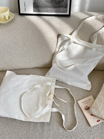 Women Large Capacity Canvas Tote Bag Minimalist Solid White Shoulder Bag Zipper Tie Closure Casual Daily Handbag Shopping Bag