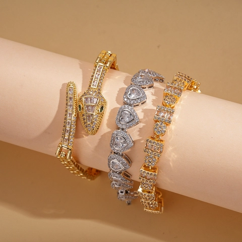 Bracciali A Maglie Geometriche A Cuore E Serpente In Rame Placcato Oro 18K Con Zircone Gioielli Di Moda Per Donna