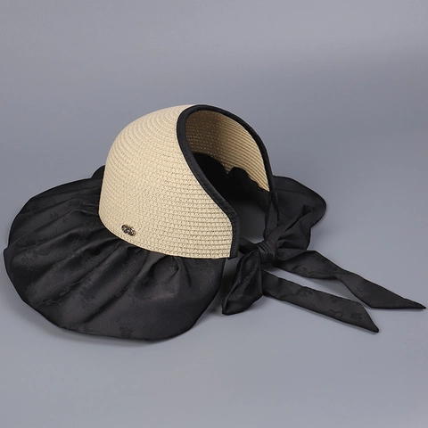 Women Wide Brim Straw Sun Hat Satin Jacquard Open Top Foldable Bow Beach Summer Anti UV Ponytail Friendly Elegant