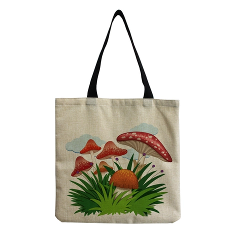 Sac Fourre-tout Imprimé Fille Champignon Mignon Coton Lin Sac Shopping Pliable Dessin Animé Sac à Main Réutilisable Écologique Pour Femmes Usage Quotidien