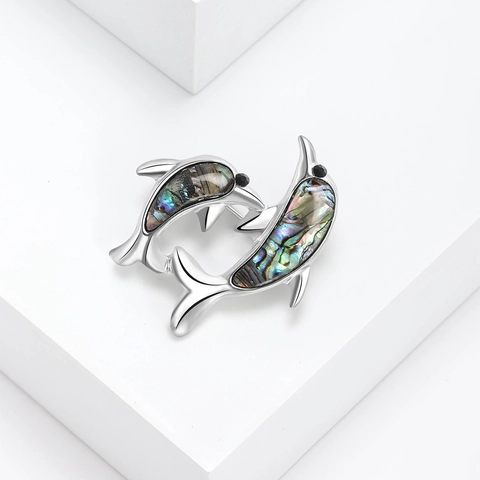 Spilla Vintage in Lega di Delfino con Conchiglia di Abalone per Donna Moda Animale Intarsiata con Strass a Forma di Goccia d'Acqua