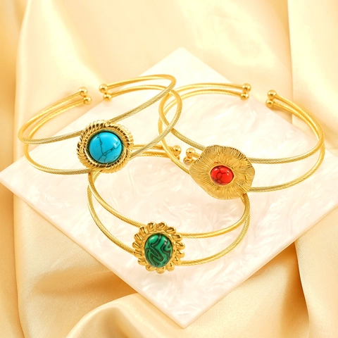 Vintage Open Manchet Armband 18K Verguld 304 Roestvrij Staal Gedraaid Touw Met Turkoois Malachiet Inleg