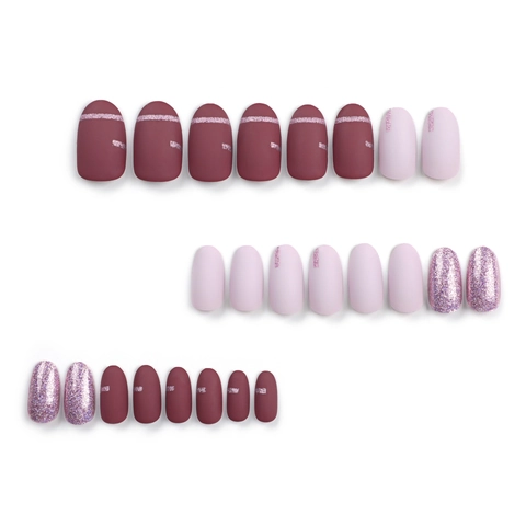 Round Oval Press On Nails Pink Glitter Matte Solid Color Simple Manicure For Women Elegant