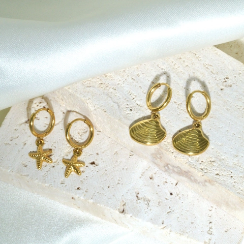 Pendientes Acero Inoxidable Chapado Oro 14K Estrella De Mar Concha Colgante Aro Estilo Océano Joyería Para Mujer