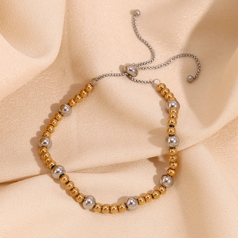 Stainless Steel Beaded Bracelet 18K Gold Plated Two Tone Adjustable Sliding Clasp Fashion Jewelry For Women