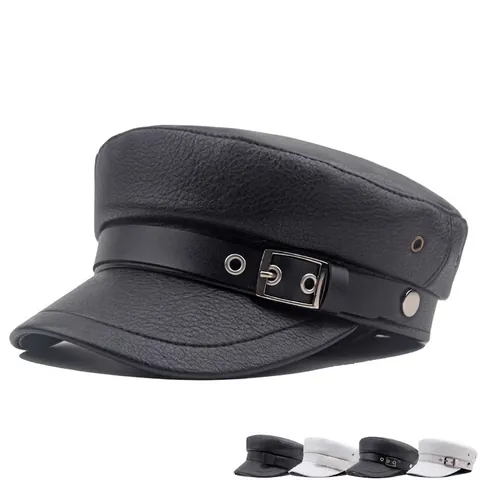 Women PU Leather Sailor Hat Flat Top Baker Boy Cap With Buckle Bow Decoration Vintage Fashion Navy Hat Solid Color
