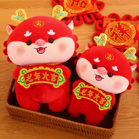 Mascota del Año del Dragón del Zodiaco Chino Peluche Dragón Rojo Muñeca Decoración Festiva para el Festival de la Primavera Regalo de Año Nuevo