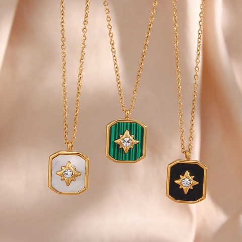 Vintage Edelstahl Stern Quadrat Muschel Strass Halskette Ohrringe Gold Vergoldet Geometrischer Schmuck Für Damen Mode Schmuck Geschenk