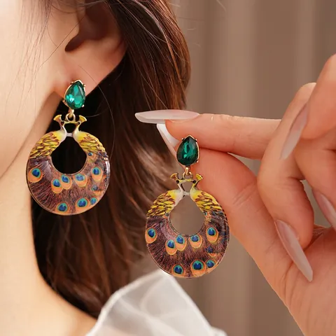 Pendientes Colgantes De Pavo Real Vintage Con Diamantes De Imitación Verdes Esmalte Aleación Retro Étnica Con Poste De Plata