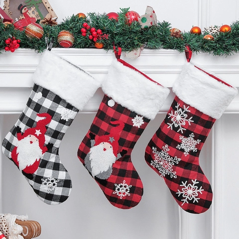 Large Christmas Stocking Plaid Cloth Faux Fur Plush Rudolph Gnome Snowflake Embroidered Holiday Fireplace Decor