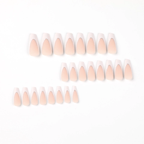 Long Coffin French Tip Press On Nails White V-Shape Edge Silver Glitter Nude Pink Fake Nails For Women