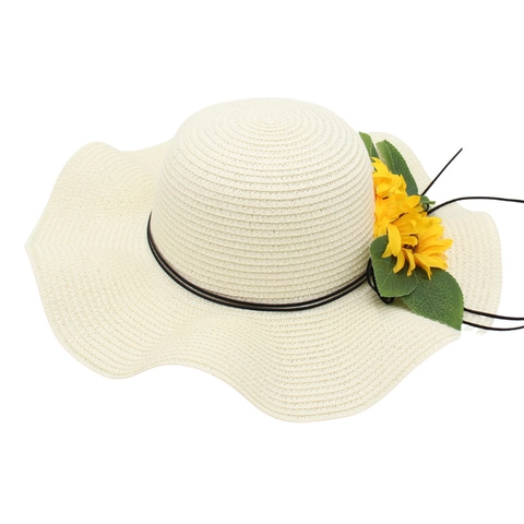 Women Straw Sun Hat Wide Wavy Brim Sunflower Decor Summer Beach Vacation Holiday Breathable