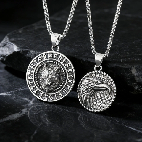 Collana Con Pendente Testa Di Lupo Vichingo Acciaio Inossidabile Vintage Runico Aquila Bussola Medaglione Punk Gioielli Uomo