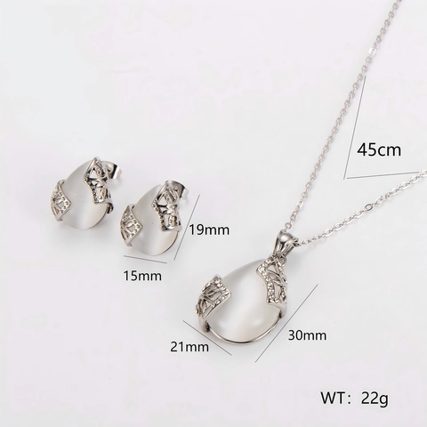 Juego De Joyas De Collar Y Pendientes De Gota Acero Inoxidable 304 Piedra Ojo De Gato Blanca Strass Vintage Elegante Mujer