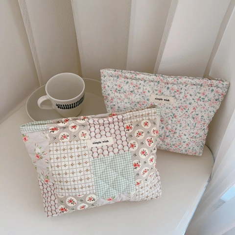 Neceser Acolchado Floral Gran Capacidad Algodón Bolsa De Maquillaje Francesa Vintage Organizador De Viaje Cartera
