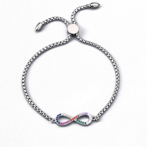 Infinity Symbol Bracelet Stainless Steel Copper Rainbow Zircon Adjustable Box Chain Jewelry Accessory For Women Men