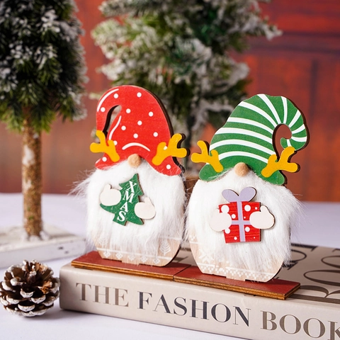 Ornement Table Gnome Noël Bois Et Fausse Fourrure Bois De Cerf Rouge Vert Chapeau Point Rayé Décor