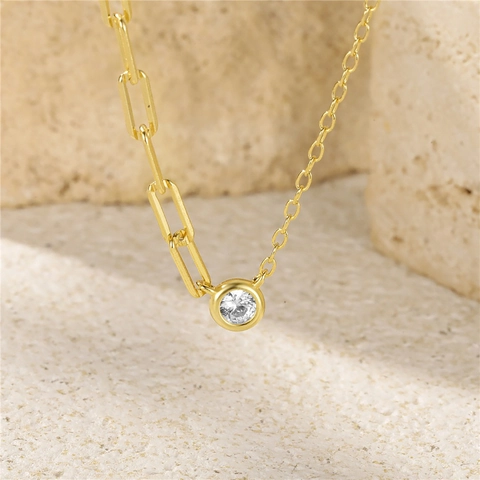 925 Sterling Silber Asymmetrische Büroklammer Und Gliederkette Halskette Mit Rundem Zirkonia Anhänger Minimalistischer Schmuck