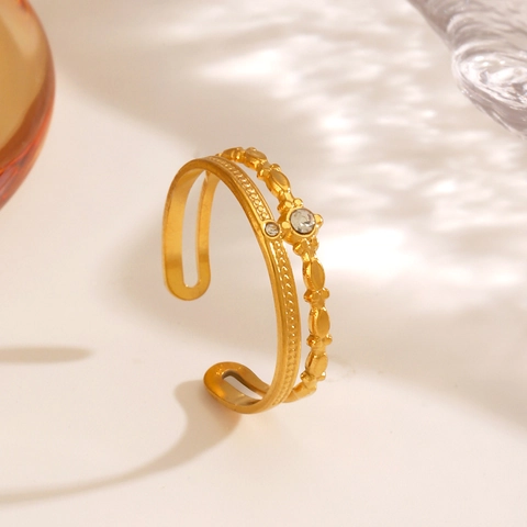 Double Layer Open Ring 18K Gold Plated Stainless Steel Cubic Zirconia Adjustable Crown Wave Finger Jewelry For Women