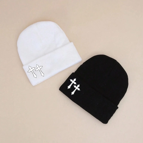 Knitted Beanie Hat Acrylic Warm Cuffed Winter Double Cross Embroidery Gothic Streetwear For Adults