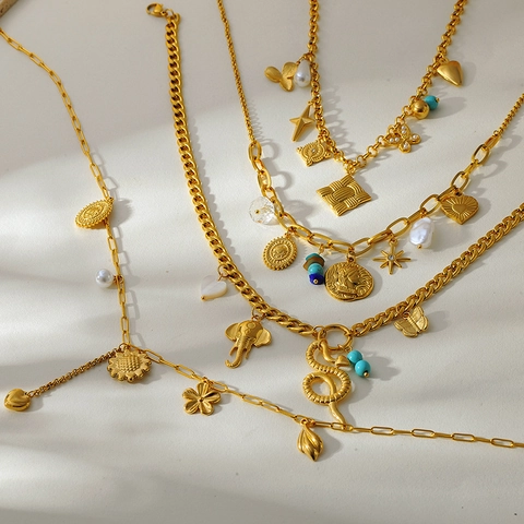 304 Stainless Steel Multi Pendant Necklace Vintage Gold Plated Bohemian Heart Butterfly Snake Coin Artificial Pearl Turquoise Star