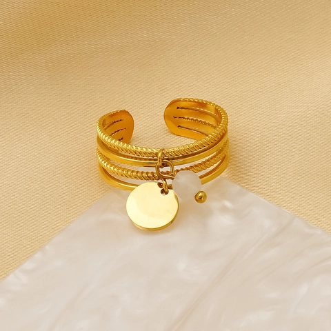 Multi Layer Twisted Texture Open Ring For Women 18K Gold Plated Stainless Steel Adjustable Band With Bead Pendant Charm