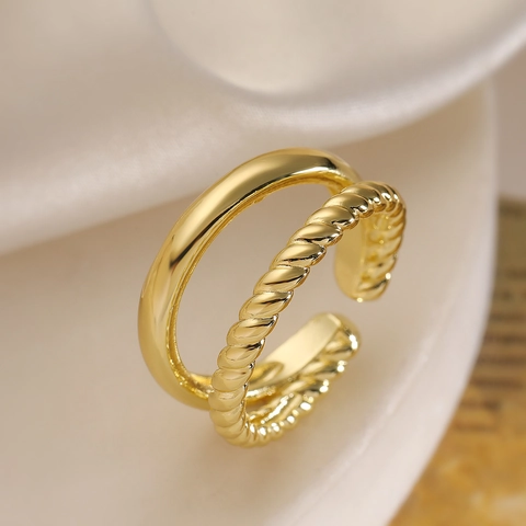 Layered Open Ring Real Gold Plated Copper Twisted Rope Geometric Smooth Adjustable Jewelry Fashion For Women