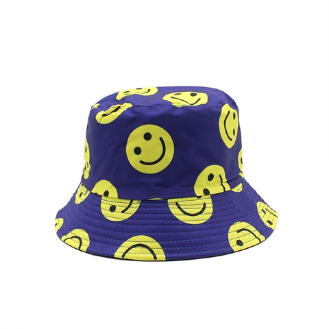 Emmer Hoed Katoen Omkeerbaar Zonbescherming Outdoor Streetwear Fashion Unisex Happy Face Print