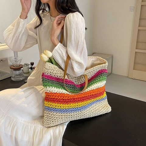 Women Hand-Woven Paper Straw Tote Bag Colorful Rainbow Stripes Large Capacity Beach Vacation Shoulder Bag PU Leather Handles