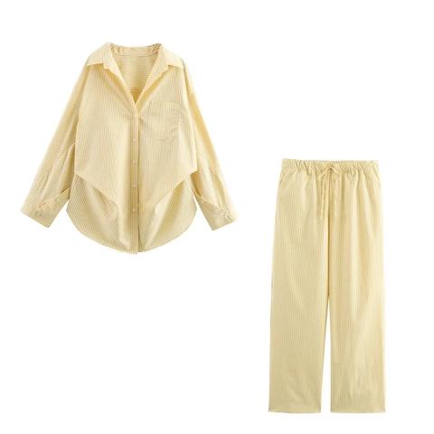 Femme Ensemble Chemise Manches Longues Rayée Et Pantalon Large Polyester Décontracté Mode Streetwear