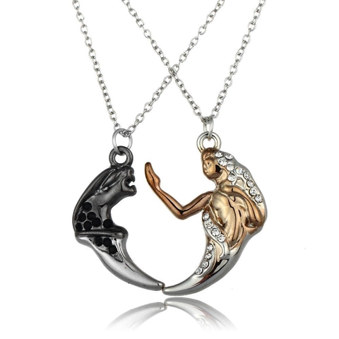 Collar de Pareja de Sirena de Aleación de Moda con Diamantes de Imitación Conjunto de Colgante de Medio Corazón Bicolor Joyería de Lujo Regalo