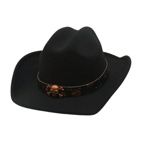 Vintage Western Cowboy Hat Polyester Felt Wide Brim With Leather Band Metal Skull Decor Punk Retro Style For Men Women
