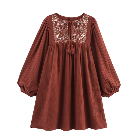 Women Bohemian Mini Dress Cotton Blend Floral Embroidery Tassel Tie Round Neck Lantern Sleeve Rust Red