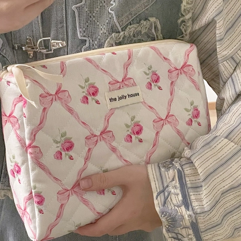 Trousse De Maquillage Matelassée À Fleurs En Coton Doux Avec Nœud Pochette De Toilette Organisateur De Voyage Style Rétro