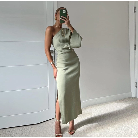 Asymmetrische One Shoulder Maxi Jurk Saliegroen Lange Mouwen Geplooid Hoge Split Slim Fit Polyester Avondjurk