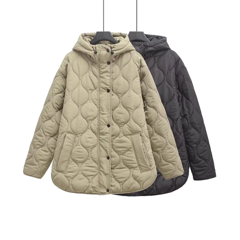 Damen Gesteppte Kapuzenjacke Baumwolle Wattierter Mantel Wellenstruktur Knopfverschluss Warm Lässig Locker Oberbekleidung